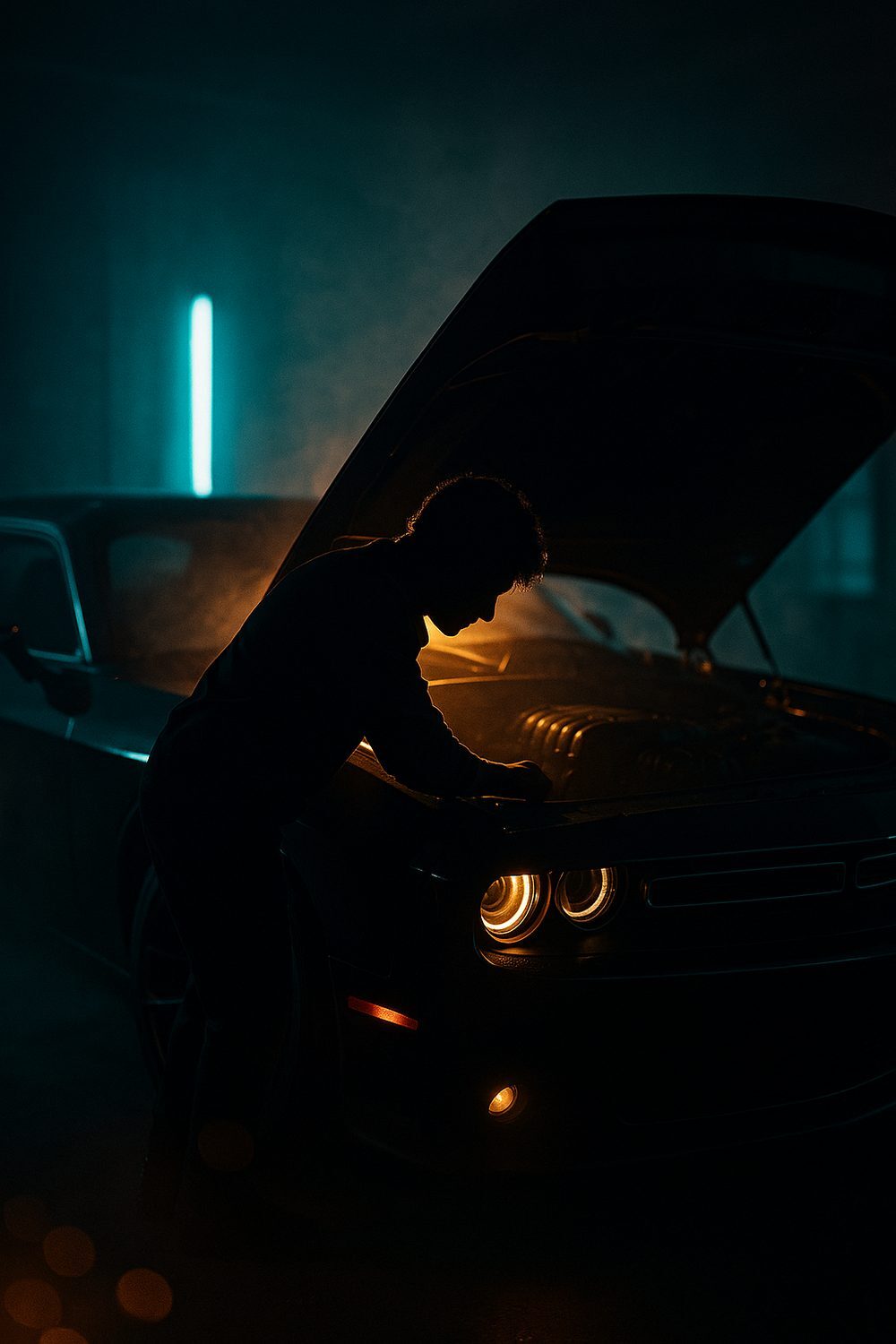 Mopar Mike at work under a late-model Dodge in the midnight garage